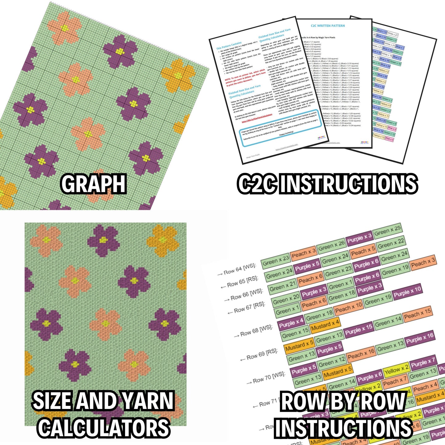 Colorful Flowers Graph and Pattern C2C & Tapestry Crochet - C2C Flower Throw Graphgan - Crochet Flower Blanket - C2C Flower Crochet Blankets