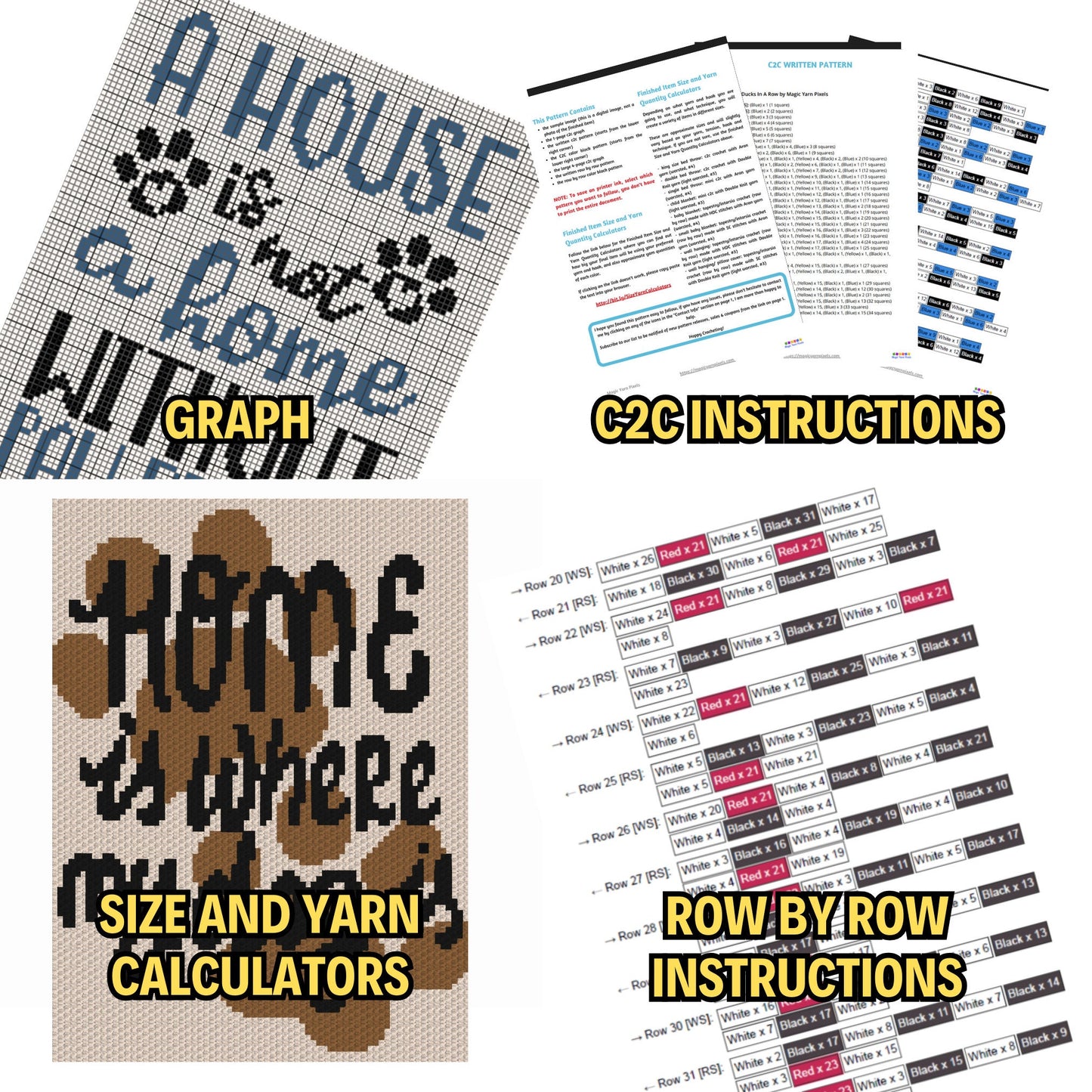 Bundle Of 4 C2C Dog Quotes Crochet Blankets (Written Patterns & Graphs) | Dog Mama Gift, Blanket For Pet Owner Pattern, Crochet Dog Blanket