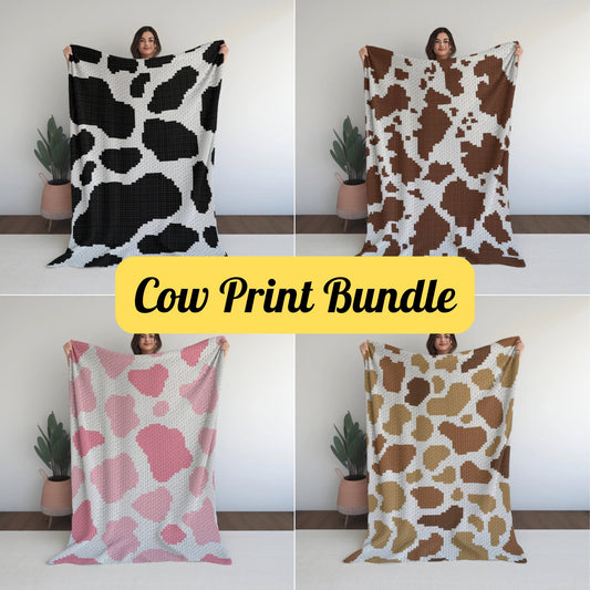 4 Patterns Bundle C2C Cow Print (Written Patterns & Graphs) - Brown Spotted Cow Hide Print Strawberry Cow Print C2C Crochet Blanket Patterns