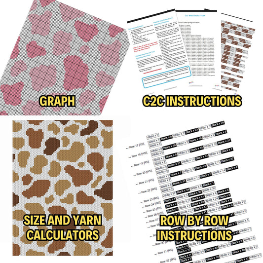 4 Patterns Bundle C2C Cow Print (Written Patterns & Graphs) - Brown Spotted Cow Hide Print Strawberry Cow Print C2C Crochet Blanket Patterns