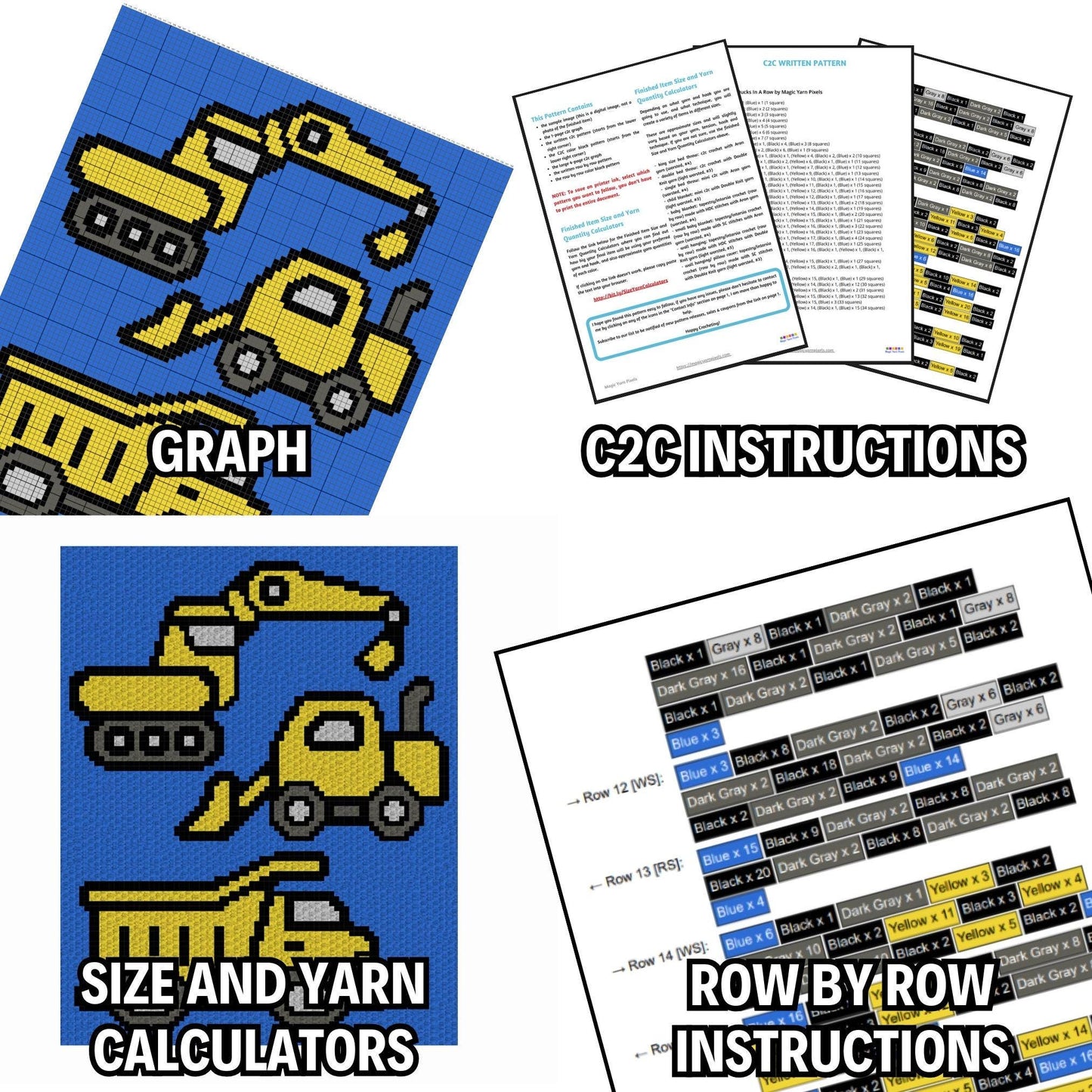 Construction Equipment Vehicles Graph & Written Pattern C2C Tapestry Crochet | C2C Construction Truck Blanket, C2C Construction Cars Blanket