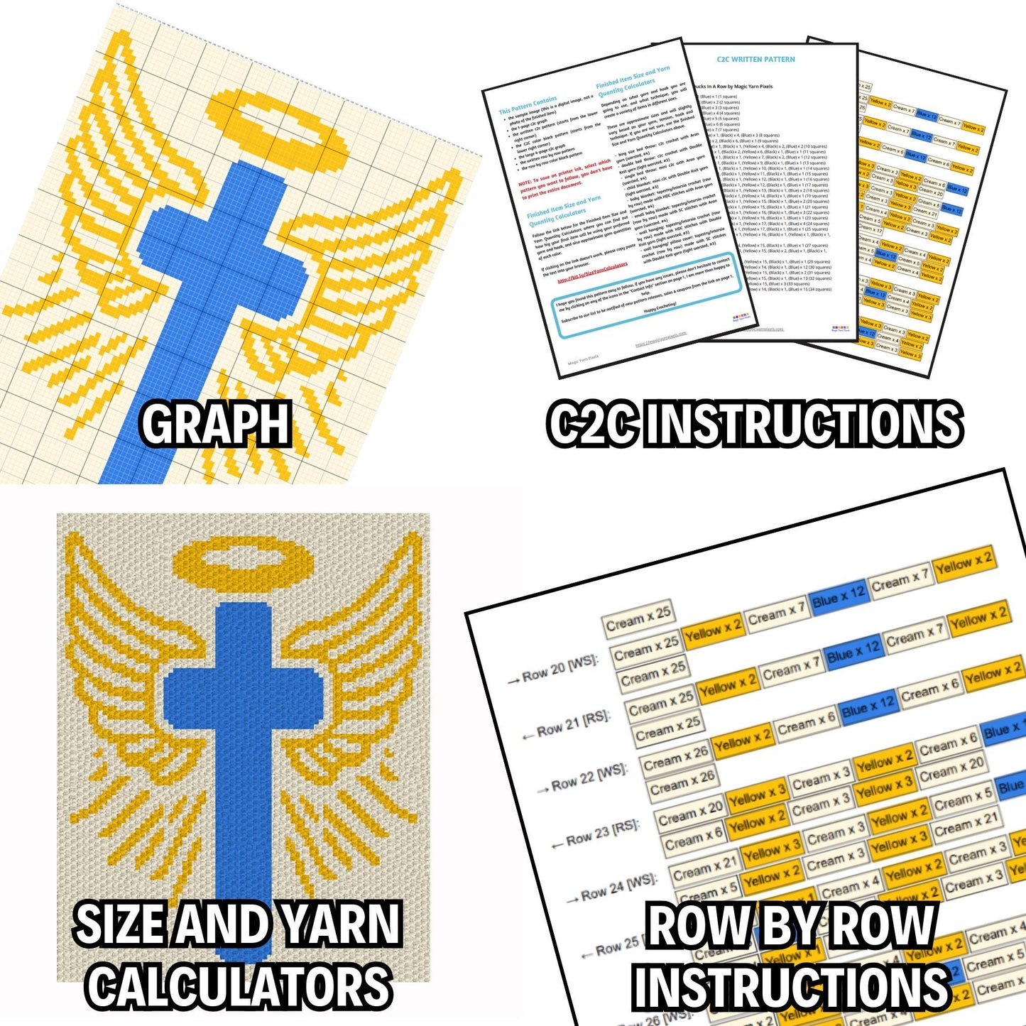 Cross With Wings And Halo Graph + Pattern C2C & Tapestry Crochet | C2C Cross Blanket, Church Angel Afghan, Christian Faith Crochet Blanket