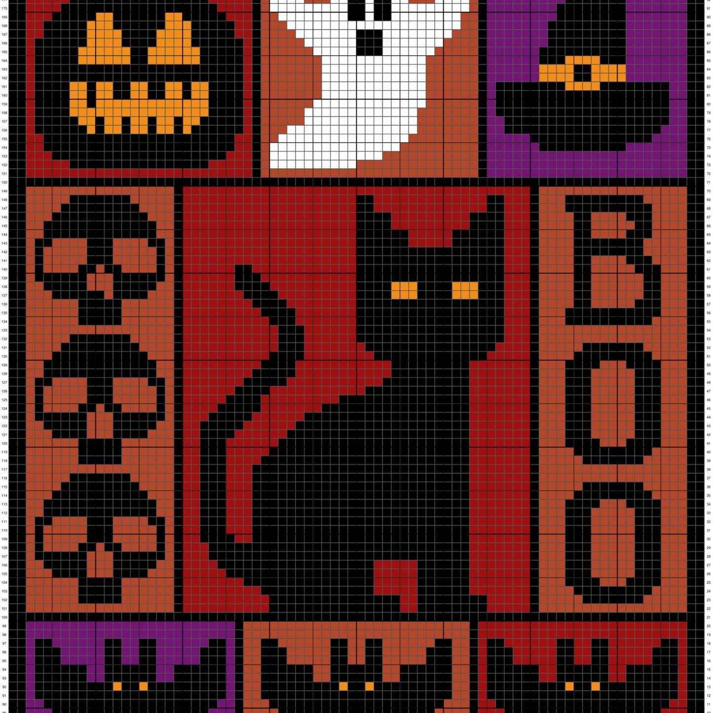 Halloween Crochet Blanket Graph and Pattern for C2C & Tapestry Crochet | C2C Halloween Afghan | Ghost Jack Lantern Pumpkin Black Cat Blanket