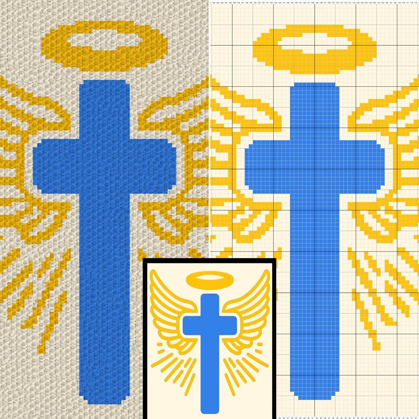 Cross With Wings And Halo Graph + Pattern C2C & Tapestry Crochet | C2C Cross Blanket, Church Angel Afghan, Christian Faith Crochet Blanket