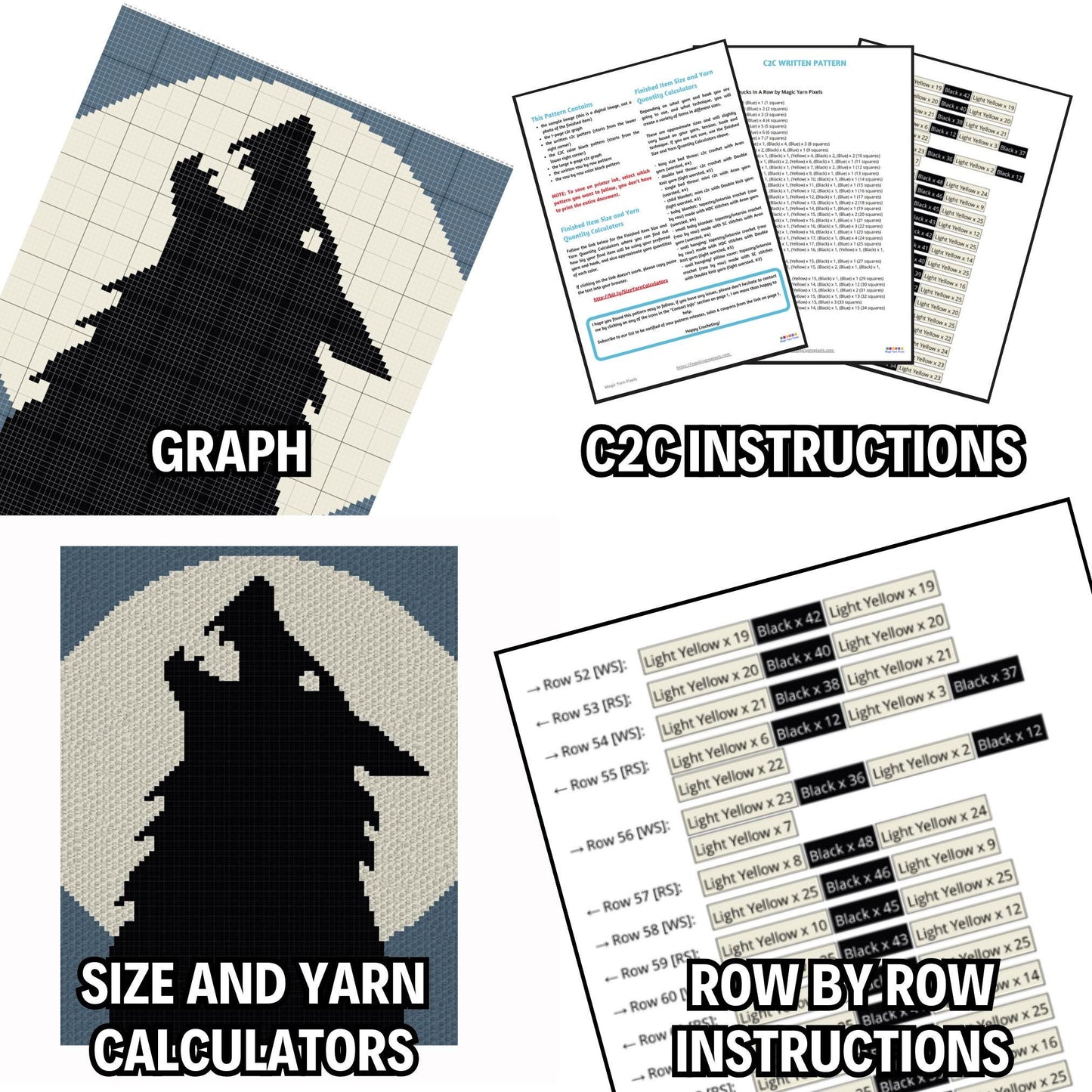 Wolf Howling At Moon Graph and Pattern C2C & Tapestry Crochet - Wolf Face Graphgan - Crochet Wolf Blanket - Wolf Afghan C2C Crochet Blankets
