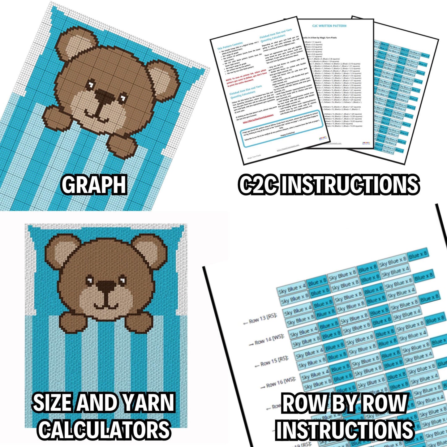 Sleepy Little Teddy Bear Graph & Pattern C2C + Tapestry Crochet - C2C Bear Graphghan Animal Crochet Blanket Afghan Baby Shower Teddy Blanket
