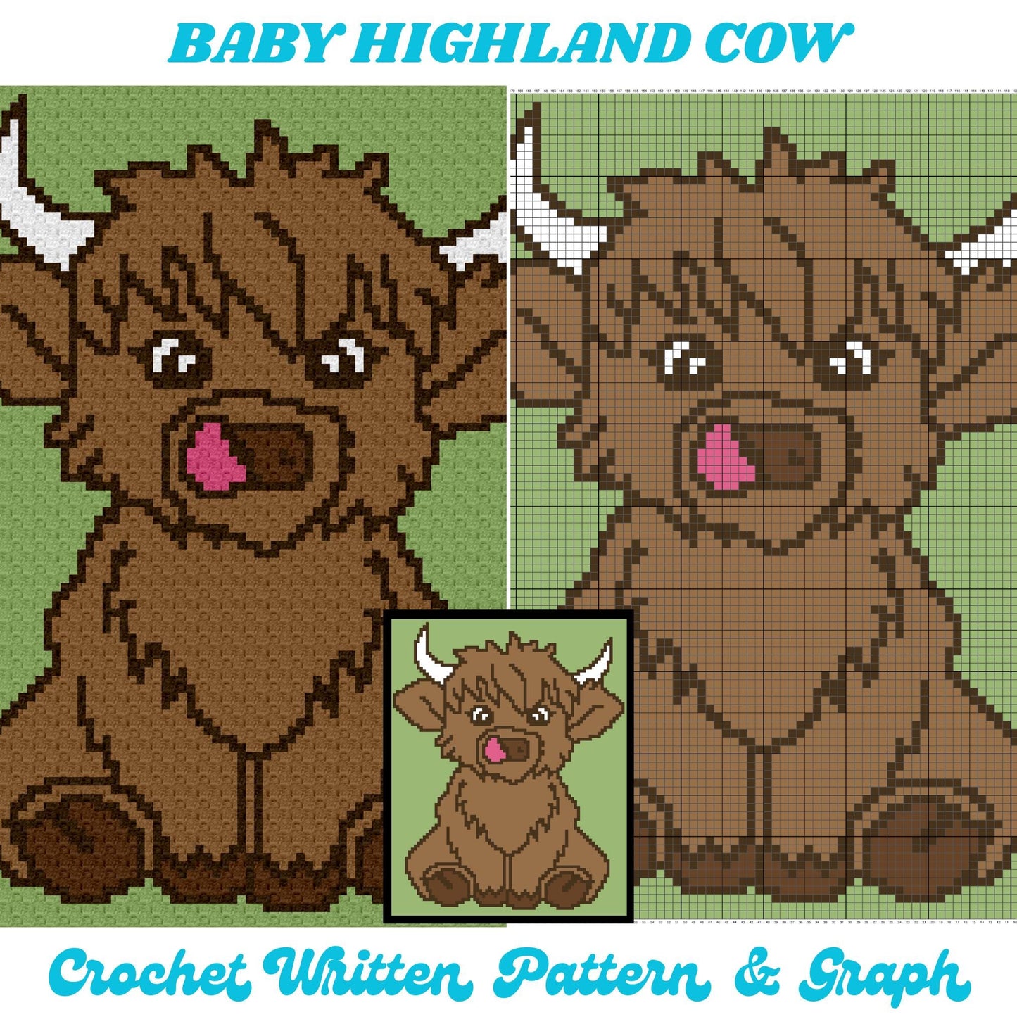 Baby Highland Cow Graph Crochet Pattern For C2C + Tapestry Crochet |  Baby Cow Blanket Scottish Cow Crochet Afghan Baby Shower Gift For Boy